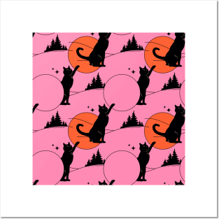 Cool Sun Black Cat Pattern in pink Posters and Art